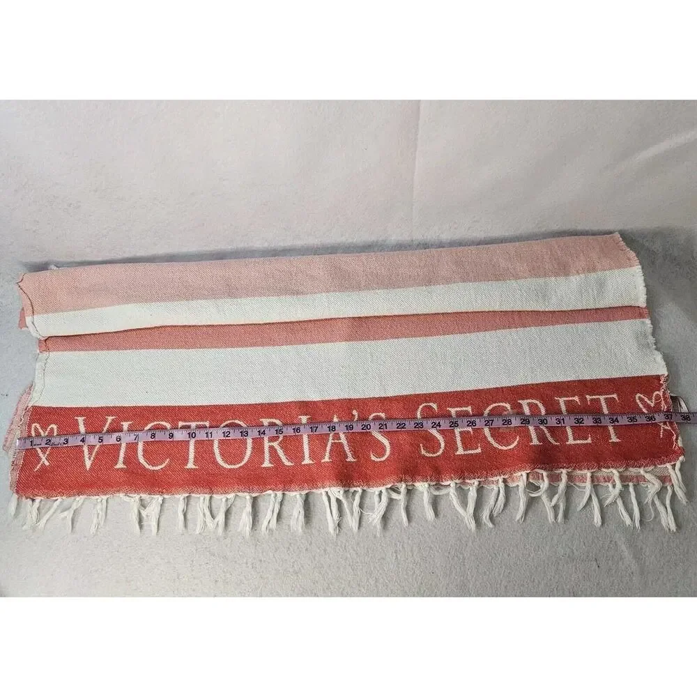 VICTORIA SECRET Beach Towel Red Pink White Stripe Fringe Trim Tassel 100% Cotton